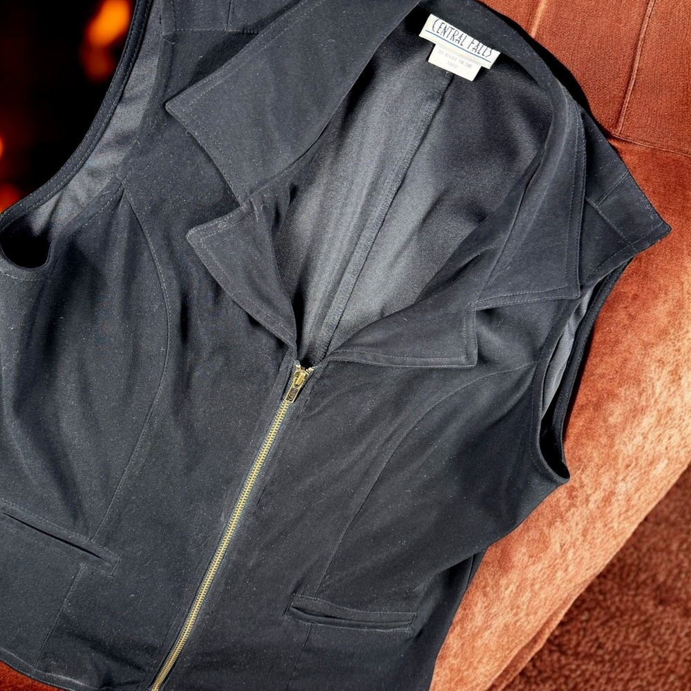 Vintage‎ Central Falls Vest Blazer Women L USA Stretch Poly Black Zip Front